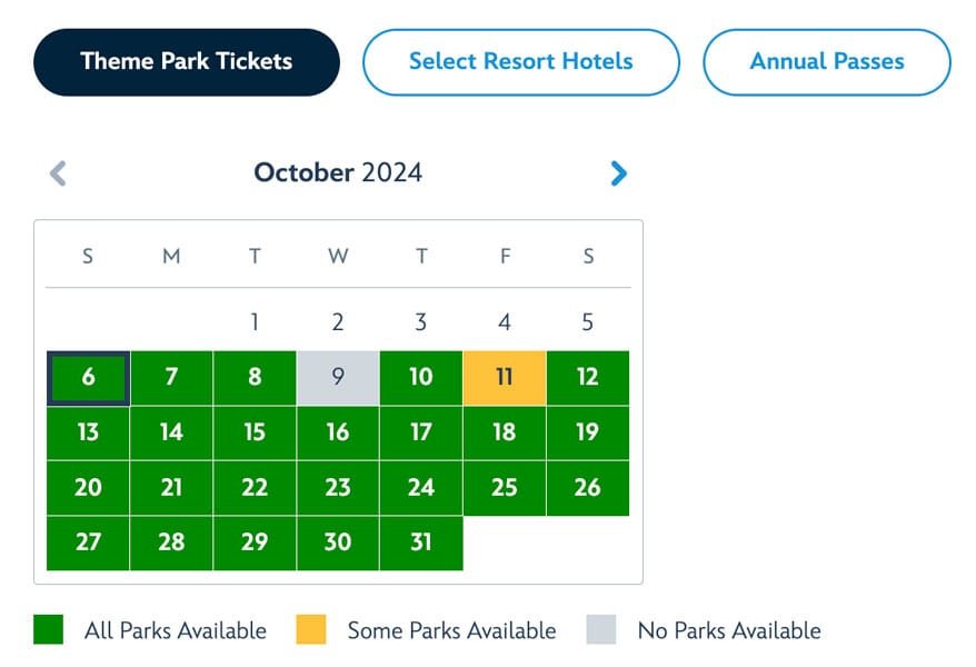 A calendar for October 2024 displaying park availability. Dates with all parks available are highlighted in green, some parks available in yellow, and no parks available in gray. Disney Reservations Hurricane Milton