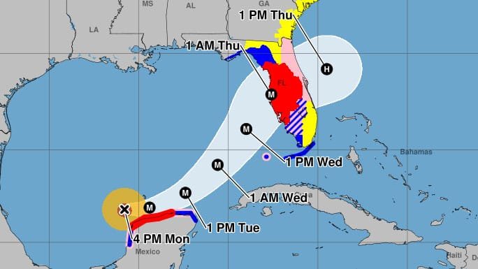 Hurricane tracking map showing projected path and timeline in the Gulf of Mexico and surrounding areas, with various colored zones indicating different storm intensity levels and forecasts for specific times.