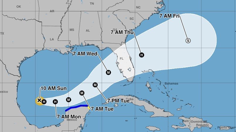 A weather map showing the projected path of a tropical system in the Gulf of Mexico, with various time markers indicating its forecasted positions from Sunday to Friday.