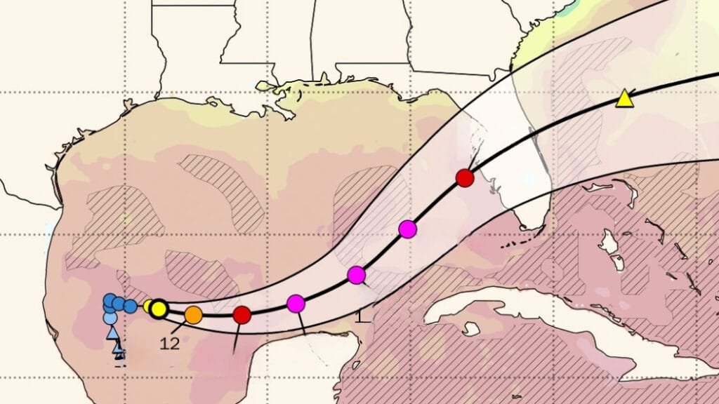 A map showing the projected path of a storm or hurricane, with markers indicating different locations and a color-coded system for varying intensity levels, overlaid on a background of shaded regions.
