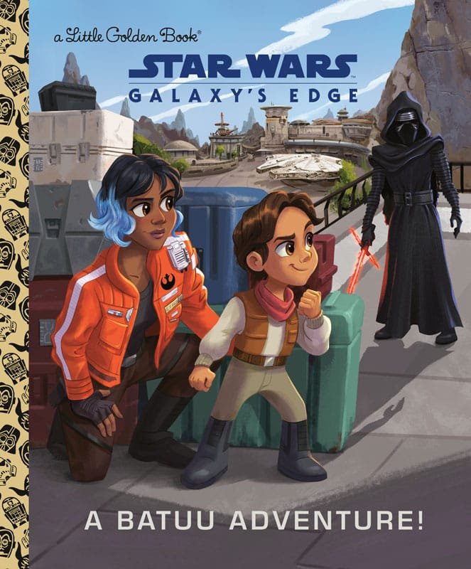 Cover of a children's book titled "Star Wars: Galaxy's Edge - A Batuu Adventure!" featuring three animated characters—two young adventurers in colorful outfits and a dark figure with a lightsaber in the background, set against a fantasy landscape with rocky hills and futuristic buildings.