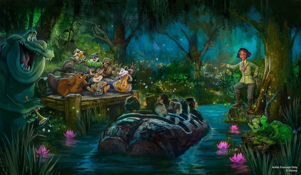 A vibrant, animated scene depicting a swamp setting with a smiling alligator playing a trumpet, surrounded by various musical animals on a wooden platform. In the foreground, a small log boat carries a group of people, while a young woman in a green outfit stands on the shore, gesturing excitedly. Two frogs sit nearby on a lily pad, adding to the lively atmosphere filled with greenery and whimsical lighting.