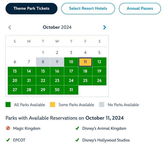 A calendar for October 2024 showing park availability for Disney theme parks. The 11th is highlighted in yellow, indicating it has some parks available, with specific parks listed below: Magic Kingdom, EPCOT, Disney's Animal Kingdom, and Disney's Hollywood Studios.