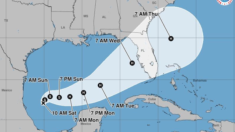 A weather map showing the projected path of a storm, with timestamps and locations marked, indicating its approach from the Gulf of Mexico toward the southeastern United States.