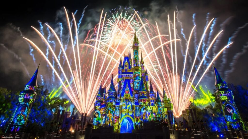 A brightly lit castle with colorful projections stands at the center, surrounded by vibrant fireworks bursting in the night sky. Happily Ever After showtime is moving up next month.