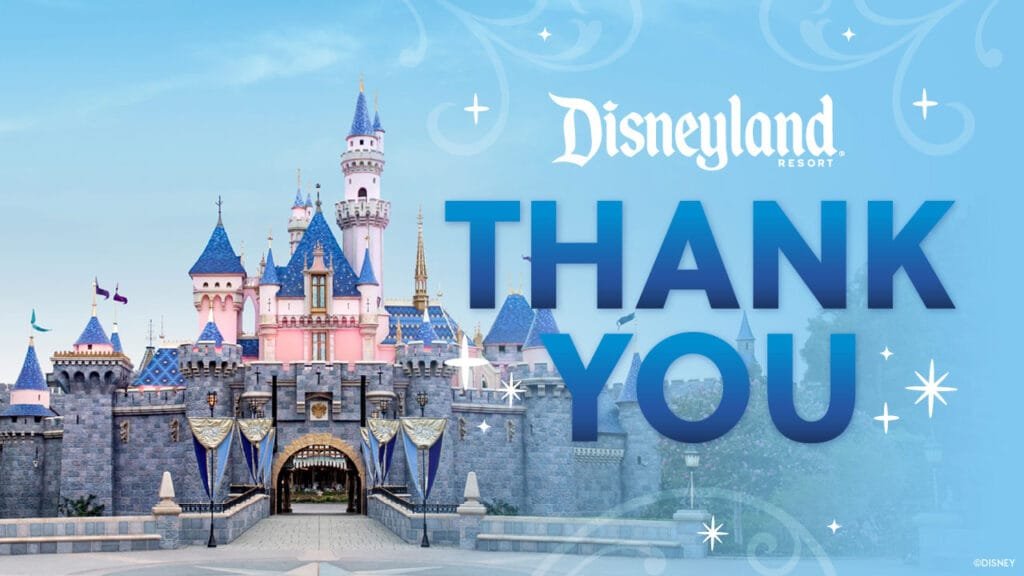 Image of Disneyland Resort's Sleeping Beauty Castle with a blue background and the text "THANK YOU" prominently displayed.