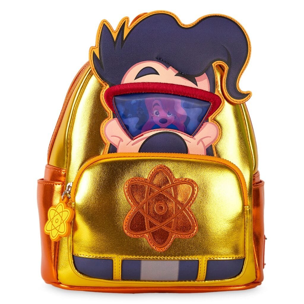 A brightly colored backpack with a metallic gold and orange design, featuring a cartoonish character's face on the front, a clear plastic section displaying images of two other characters, and an atom symbol on the lower pocket.