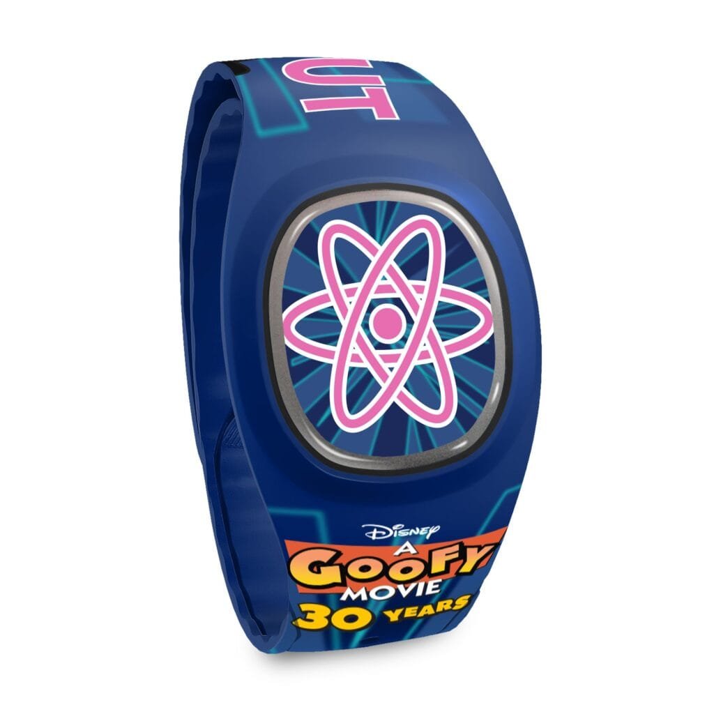 A blue wristband featuring a cartoon atom design in pink, with text that reads 'Disney A Goofy Movie 30 Years' adjacent to it.