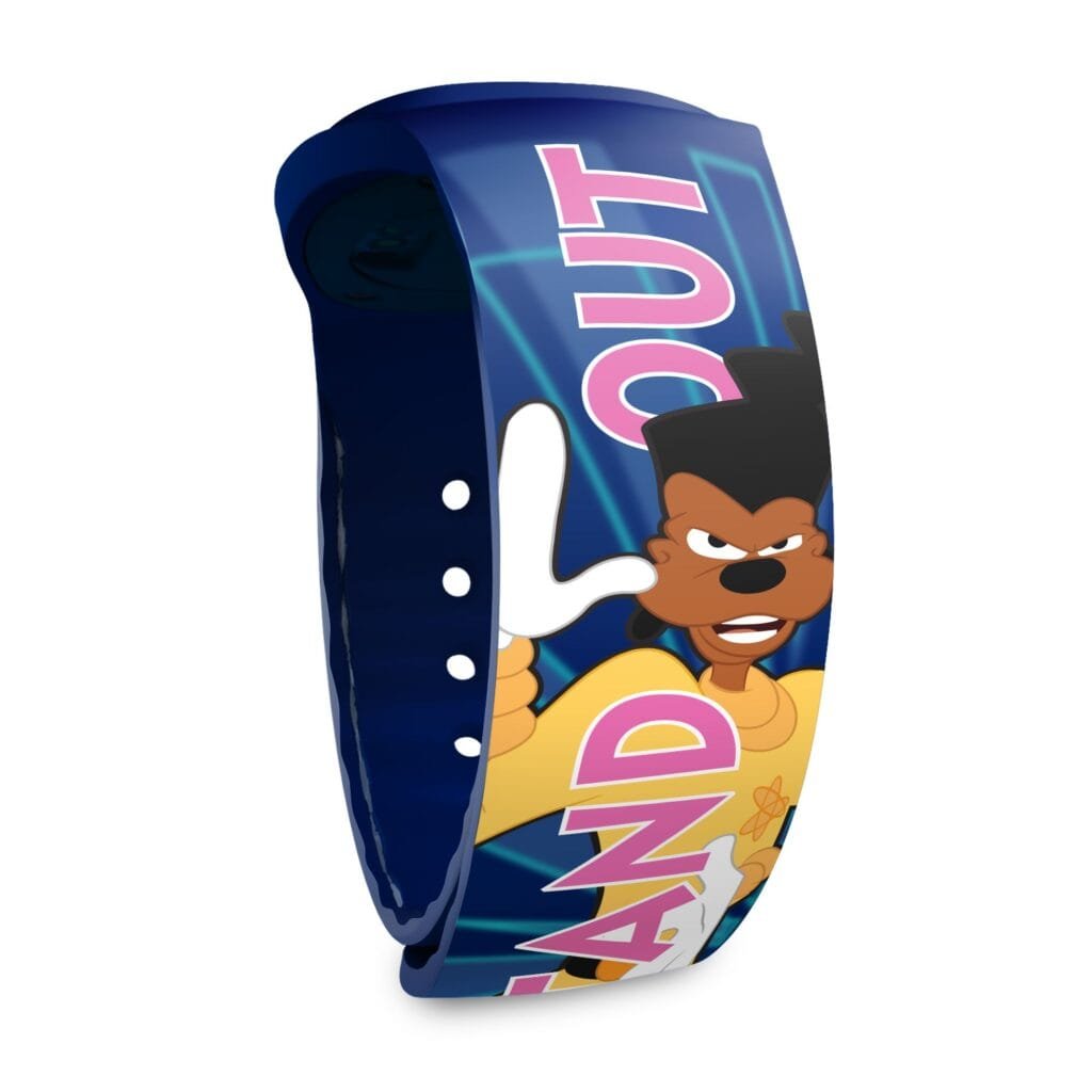 A blue wristband featuring a cartoon character with a distinctive hairstyle, showing an angry expression and wearing a yellow shirt, alongside the text "STAND OUT" in bold pink font against a colorful background.