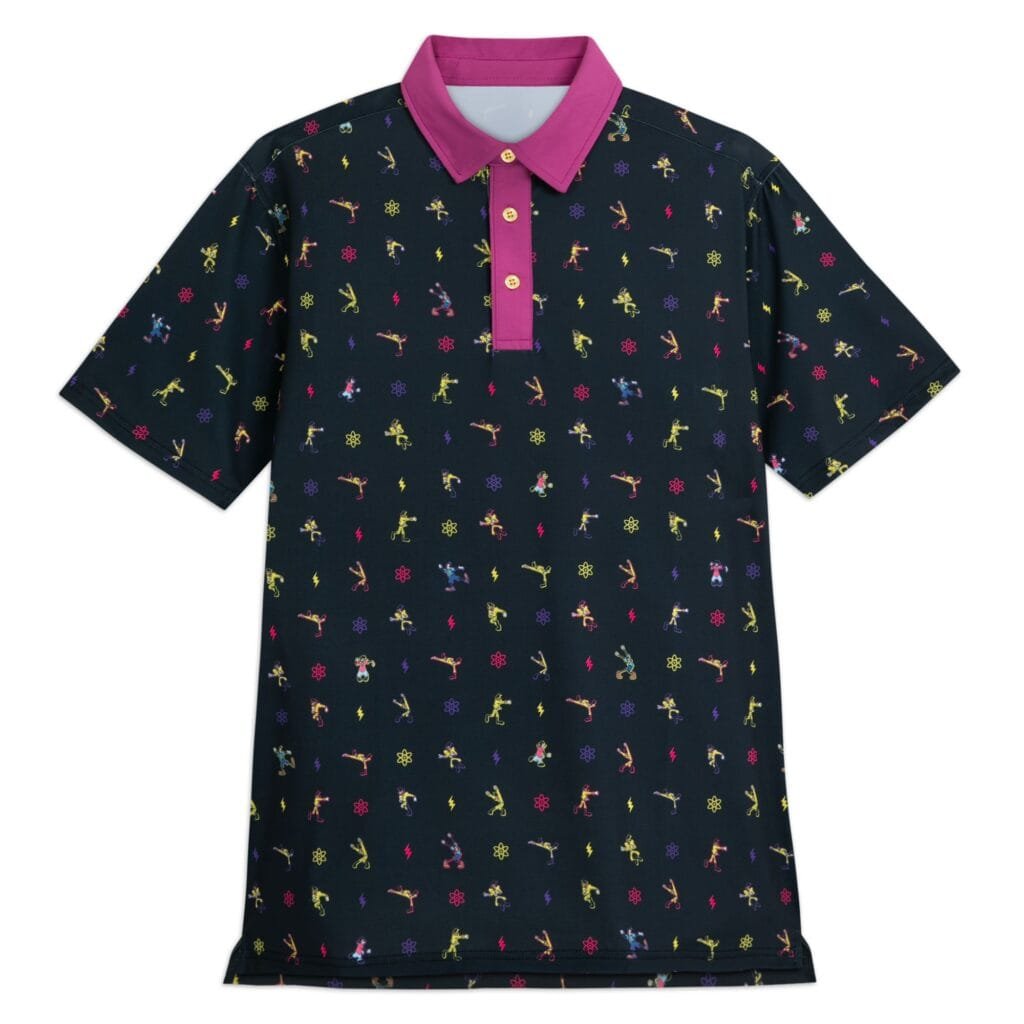 A short-sleeved polo shirt featuring a dark background adorned with colorful, whimsical illustrations of various dynamic figures, flowers, and symbols, complemented by a bright pink collar and button placket.