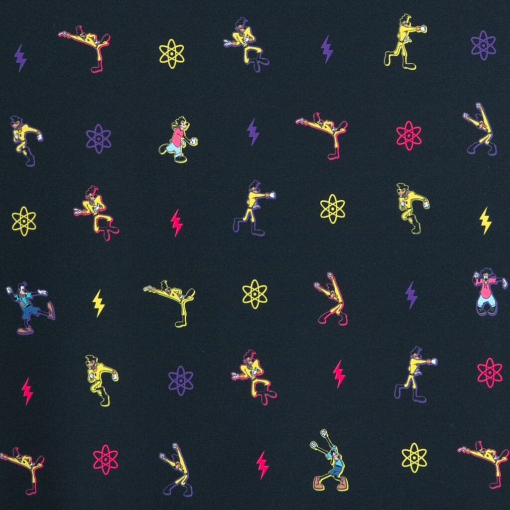 A black background featuring a repeating pattern of colorful cartoon characters in various action poses, alongside symbols such as lightning bolts and atomic designs, in bright colors like yellow, pink, and purple.