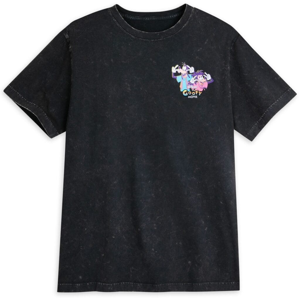 A black T-shirt featuring a small graphic of cartoon characters from the Goofy Movie on the left chest, with the text 'Goofy Movie' underneath.