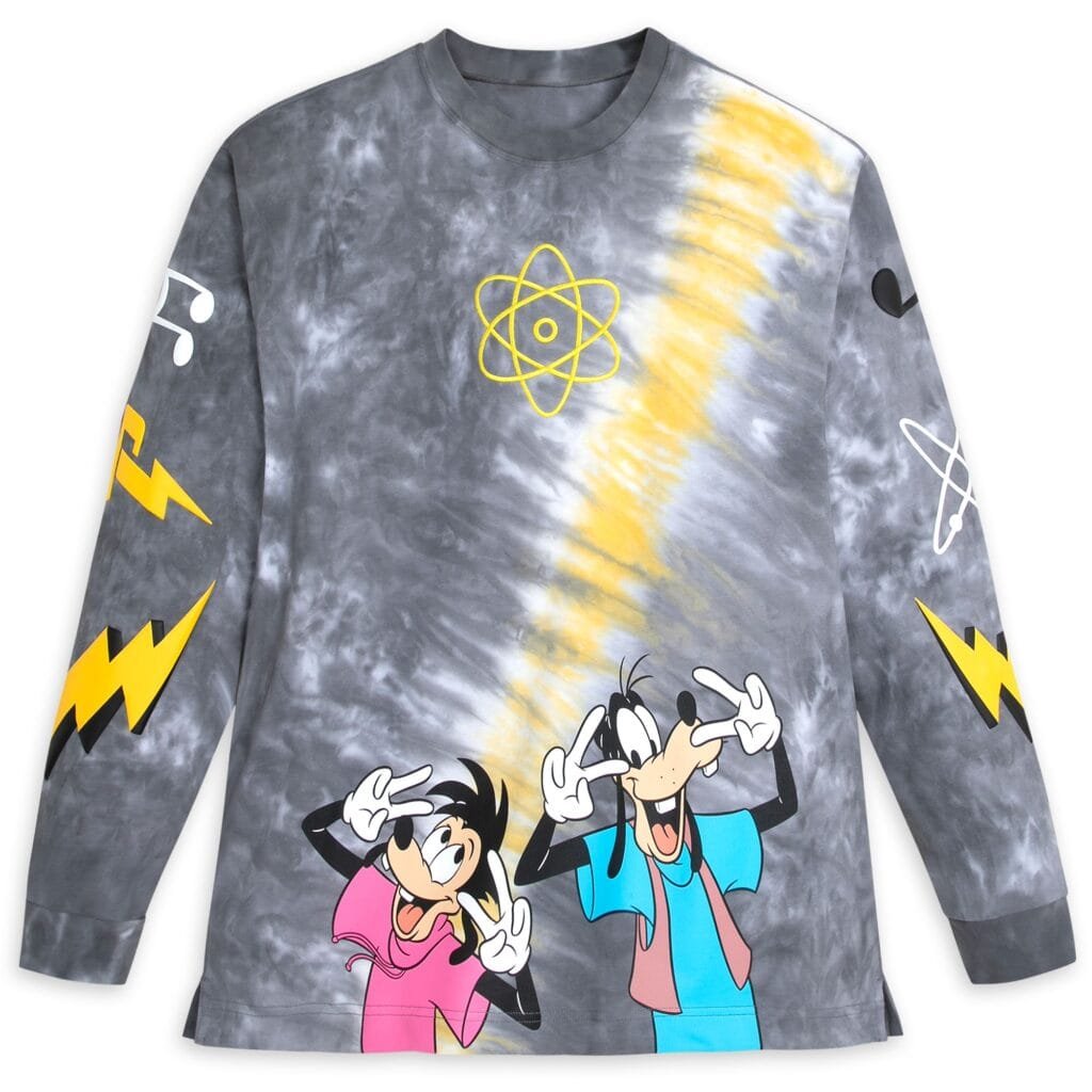 A long-sleeved gray tiedye shirt featuring two cartoon characters making peace signs, with one in a pink shirt and the other in a blue shirt. The shirt includes graphic elements like lightning bolts and atomic symbols in yellow and white.