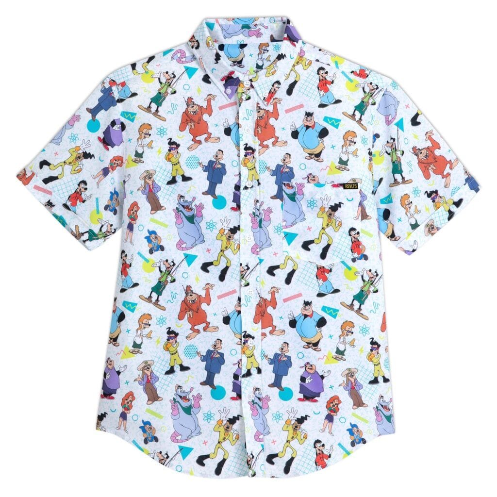 A short-sleeved shirt featuring a colorful all-over print of various cartoon characters, showcasing a playful design with characters engaging in different activities against a light background.