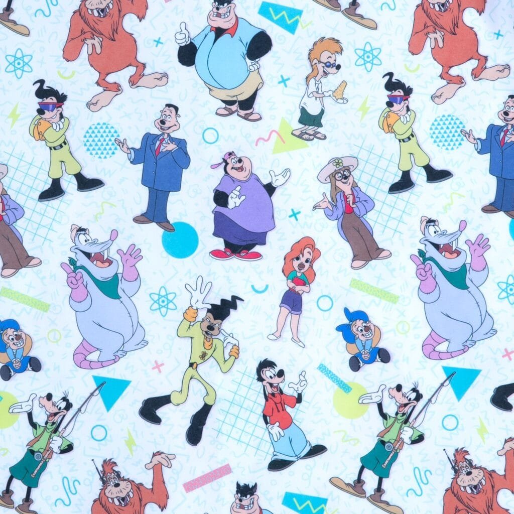 A colorful pattern featuring various animated characters, including anthropomorphic animals and cartoon figures, surrounded by colorful shapes and designs.