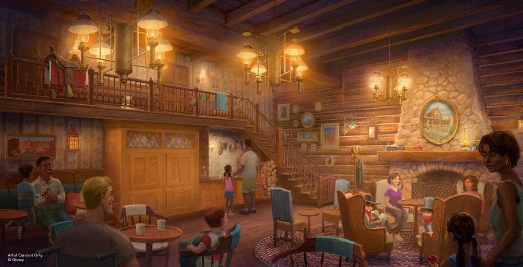 A cozy, rustic interior scene depicting a wooden lodge with warm lighting, featuring families interacting in various groups, a stone fireplace, and a staircase leading to an upper level surrounded by framed pictures.