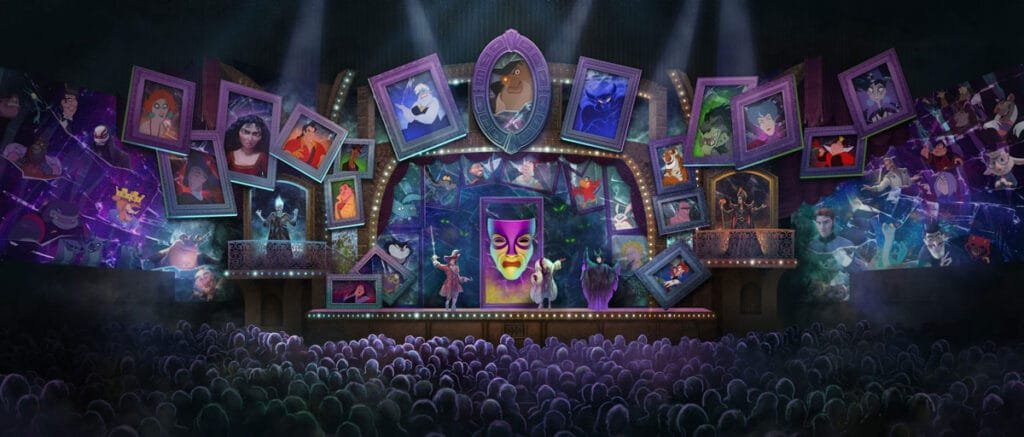 A vibrant stage scene featuring a large backdrop filled with framed images of various animated characters, a colorful face mask at the center, and performers dressed as characters in front of an audience viewed from behind, under dramatic stage lighting.