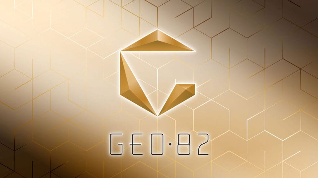 A geometric logo featuring a stylized letter 'G' in gold, above the text 'GEO·82' in a modern font, set against a light gold hexagonal patterned background.