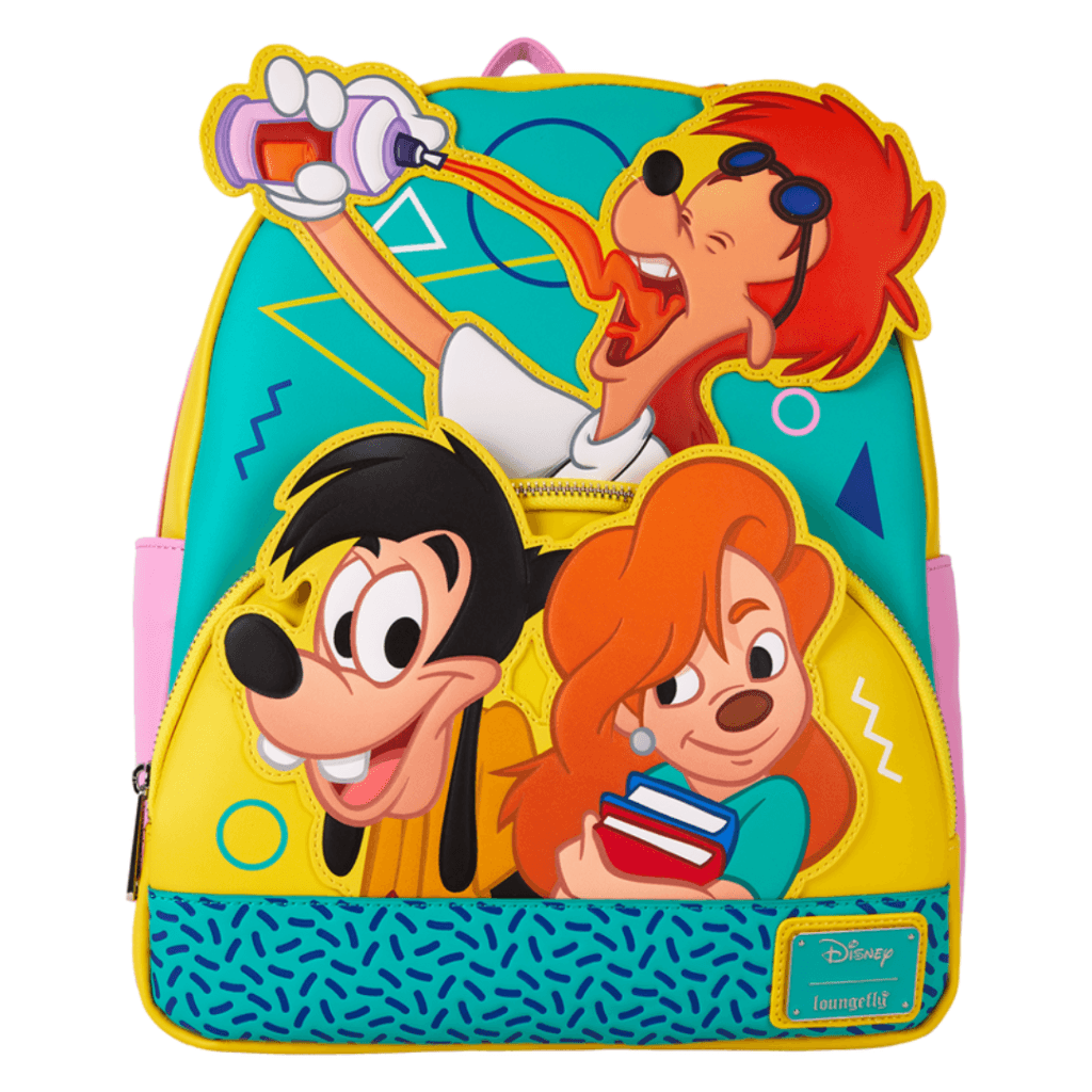 A colorful backpack featuring cartoon characters from a Disney film: a happy character with a big nose, a character pouring a drink enthusiastically, and a girl holding books, all set against a vibrant blue and yellow background with geometric shapes.