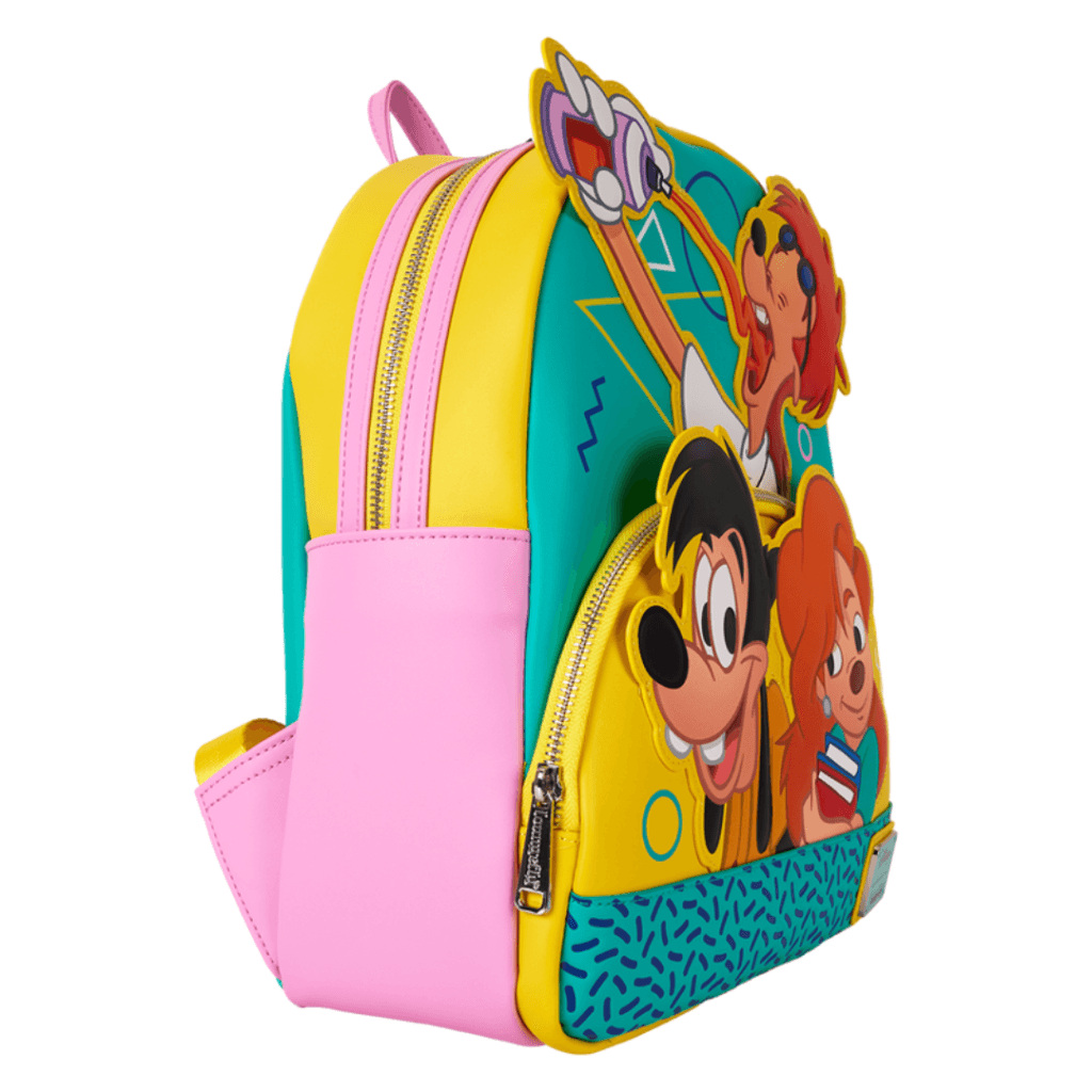 A vibrant, cartoon-themed backpack featuring colorful designs on the front, including characters with animated expressions. The backpack has yellow and pink sections, with a geometric pattern at the base and two zippers on the top.