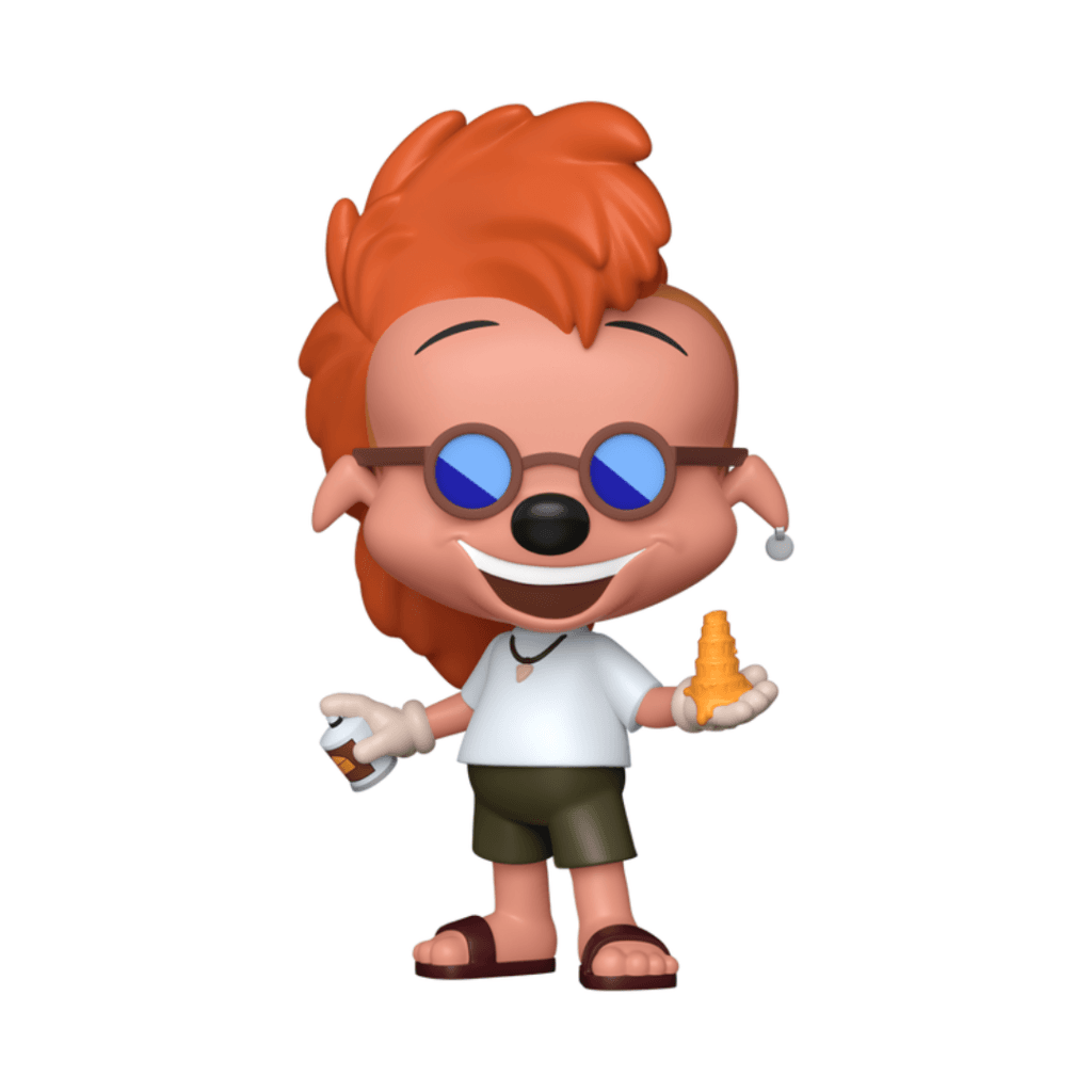 A cartoon character with bright orange spiky hair, wearing blue sunglasses, a white shirt, and green shorts. He has a playful smile and holds an ice cream cone in one hand, while a spray can is in the other.