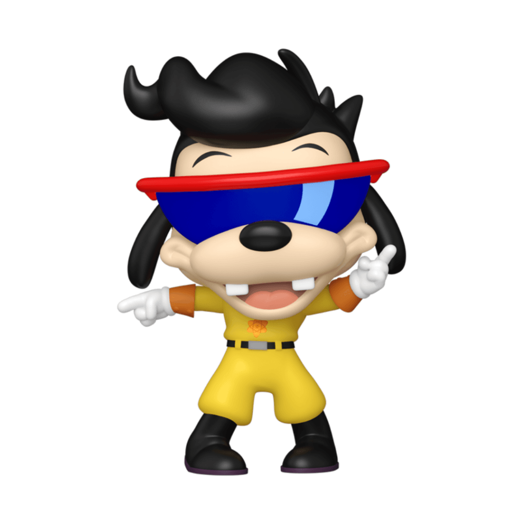 A cartoon character resembling a dog stands cheerfully with outstretched arms, wearing oversized blue sunglasses, a yellow outfit with orange sleeves, and black shoes.