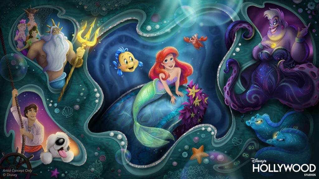 A colorful underwater scene depicting various characters from Disney's 'The Little Mermaid.' Ariel, a red-haired mermaid, smiles joyfully at the center, surrounded by her friends Flounder, a blue fish, and Sebastian, a red crab. In the background, King Triton holds a trident, while Ursula, the sea witch, watches from the right. Additional characters, including humans and sea creatures, enhance the whimsical ocean theme.