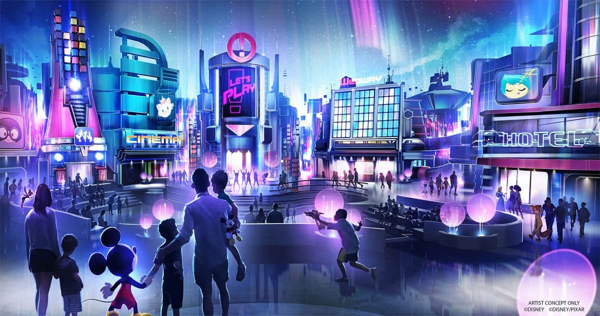 A futuristic cityscape with glowing neon lights, featuring a cinema, various buildings with signs like 'Let's Play', and silhouettes of people, including children and adults, walking and interacting under a night sky.