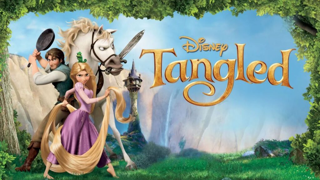 A promotional image for Disney's 'Tangled' featuring Rapunzel with long blonde hair in a purple dress, standing alongside Eugene holding a frying pan, with a white horse nearby, and a tower in the background surrounded by green foliage and waterfalls.
