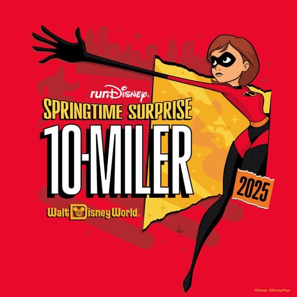 Graphic promoting the runDisney Springtime Surprise 10-Miler for 2025 at Walt Disney World, featuring a superhero character striking a pose against a red background with a city skyline silhouette.