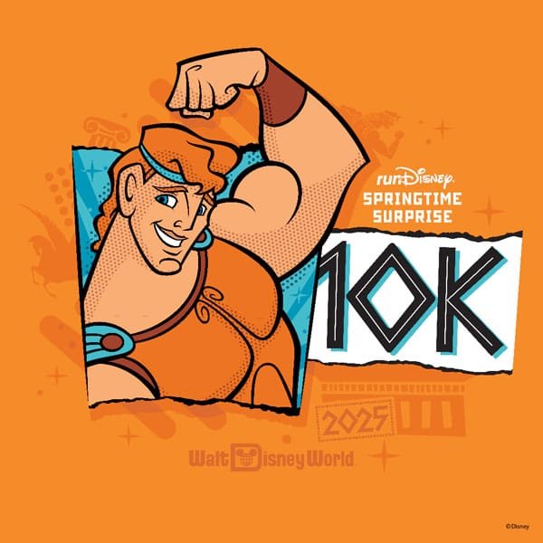 A cartoon illustration of a muscular man with curly hair and a confident smile, resembling a hero, holding up his arm flexed in a bicep pose. The background is orange, and there is text that reads 'runDisney SPRINGTIME SURPRISE 10K 2025' in a playful font.