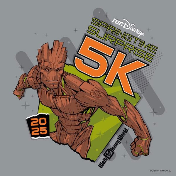 Illustration for the runDisney Springtime Surprise 5K event in 2025, featuring a stylized character resembling Groot from Marvel, depicted running with a determined expression against a colorful background with the event title prominently displayed.