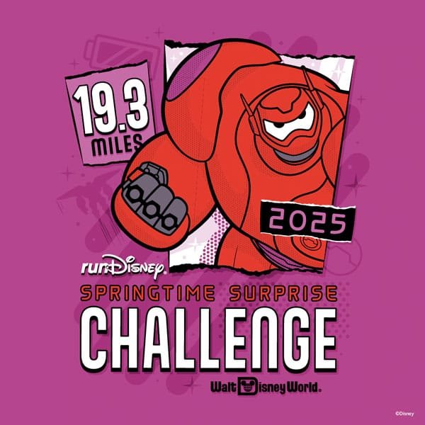 A graphic featuring a large red robot character with black details on a purple background, promoting the 2025 runDisney Springtime Surprise Challenge, stating '19.3 MILES' and 'CHALLENGE' with the Walt Disney World logo.